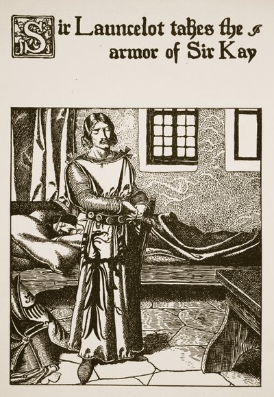 ローンセロット卿が「円卓のチャンピオンの物語」のイラストであるケイ卿の鎧を手に取る 作： Howard Pyle