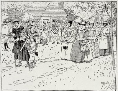 ハーパーズマガジン、1883年、ジェームズタウンでの若い女性の到着、1621年 作： Howard Pyle