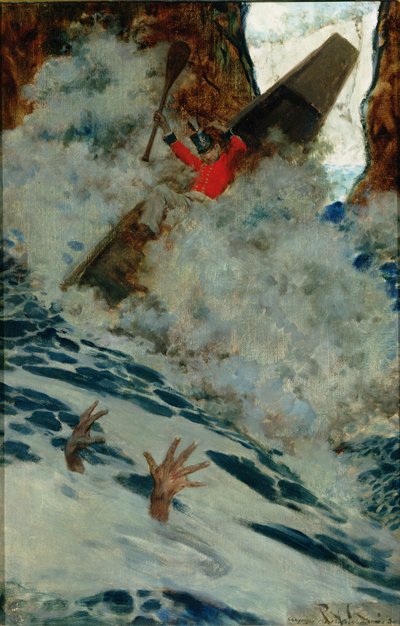 ボートと私は、1902 年 8 月にスクリブナーズ マガジンに掲載されたアーサー クイラー カウチ (1863-1944) 作の「シンドバッド オン ブレーター」より、急いで彼のそばを通りました (キャンバスに油彩) 作： Howard Pyle