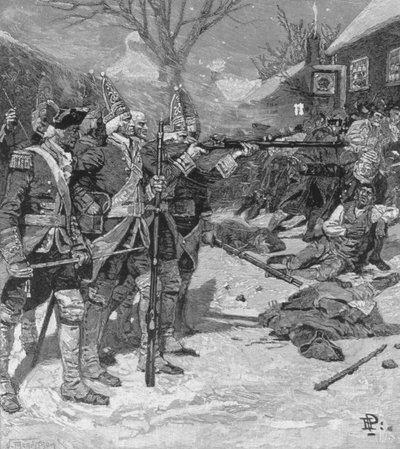 ハーパーの雑誌、1883年からJ.バーンストロームによって刻まれた「ボストン虐殺」 作： Howard Pyle