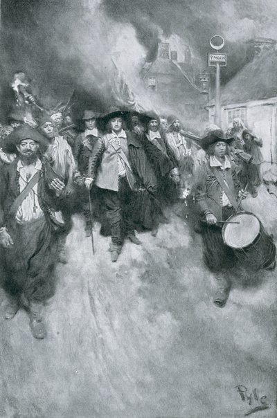 ジェームズタウンのバーニング、1676年、パブのウッドローウィルソンによる「コロニーと国家」のイラスト。ハーパーの雑誌、1901年（リソ） 作： Howard Pyle