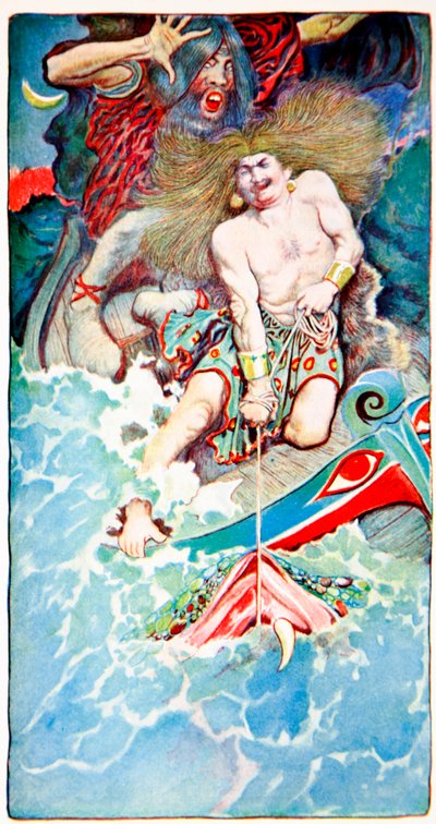 海の民話からのトールとハイミルの釣り、ハーパーズ誌、1902 作： Howard Pyle