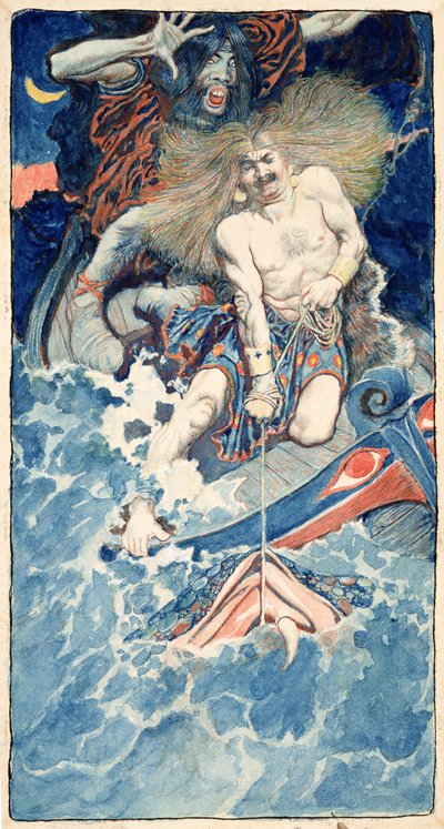 1902 年 1 月のハーパーズ マンスリー マガジンに掲載された、ハワード パイルによる「海の北民の伝説」からのトールとヒュミルの釣り (紙に水彩) 作： Howard Pyle