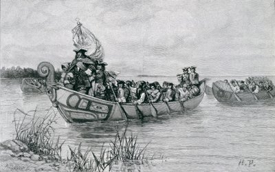 キャデラックの着陸、エドモンド・カークによる「海峡の街」のイラスト、パブ。ハーパーの雑誌で、1886 作： Howard Pyle