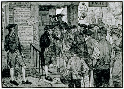 切手の士官に辞任を強要しようとする暴徒、1882年のハーパー誌から 作： Howard Pyle