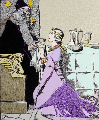 魔法使いマーリンを魅了したヴィヴィアン料金。イラスト：ハワード・パイル（1853〜1911）（アメリカのイラストレーター 作： Howard Pyle