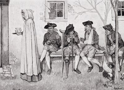 「壁に沿って座っている傷ついた兵士」、ハーパーの雑誌、1889年10月のイラスト 作： Howard Pyle