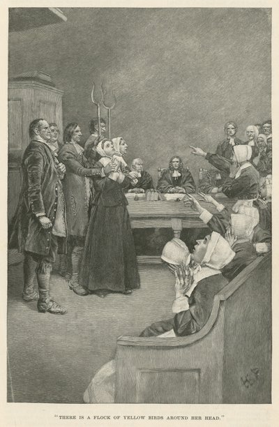 彼女の頭の周りに黄色い鳥の群れがあります 作： Howard Pyle