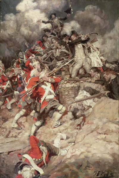 ポール・レスター・フォード（1865-1902）による「ジャニス・メレディス」からの「彼らは欄干を駆け上がり、頂上を越えた」、「ペル・メル、イギリス人、またはヨークタウンの戦い」、1899年に出版（キャンバスに油彩） 作： Howard Pyle