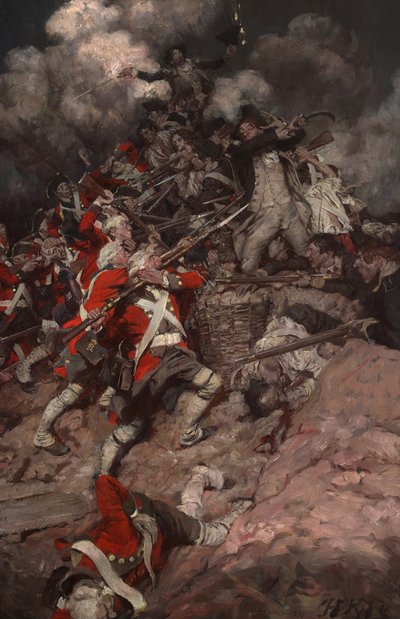 彼らは欄干をよじ登り、頂上を越えてイギリス軍に襲いかかった。 作： Howard Pyle