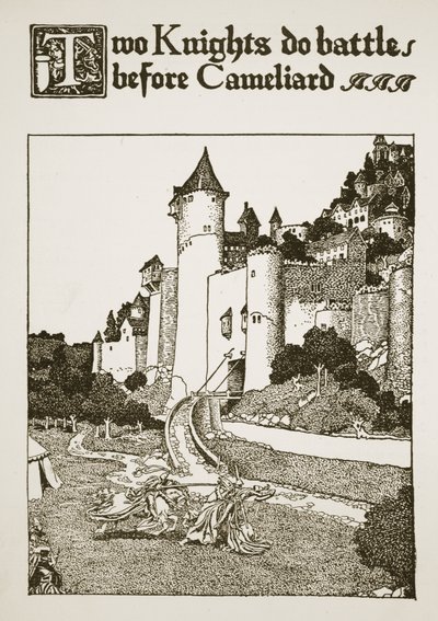 2人の騎士がカメリアードの前で戦います。「アーサー王と彼の騎士の物語」のイラスト、1903年 作： Howard Pyle