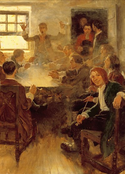 1679 年の学部生活、1897 年 5 月にスクリブナーズ マガジンに掲載されたエドワード S. マーティンによる「ハーバード大学の学部生活」より (キャンバスに油彩) 作： Howard Pyle