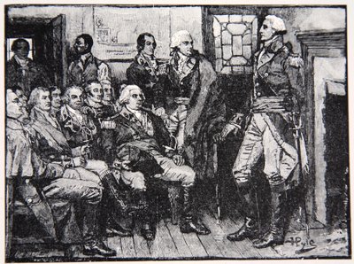 1783年3月15日、協議中のワシントンとその将軍、ハーパーズマガジンのイラスト、1883年 作： Howard Pyle