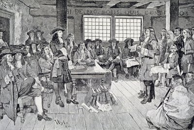 ウィリアムペンと入植者との会議、「ウィリアムペンのアメリカへの最初の訪問」パブのイラストハーパーの週刊誌、1883年 作： Howard Pyle