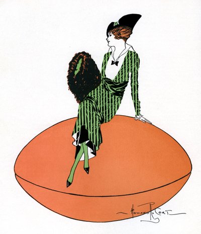 巨大なサッカー ボールの上に座ってフラッパーのヴィンテージのイラスト 作： Howard R. Cort