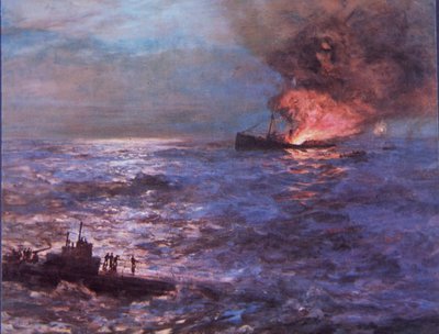 第2次世界大戦中、ドイツのUボートに砲撃された商船（カラーリトグラフ版 作： Howard Russell Butler