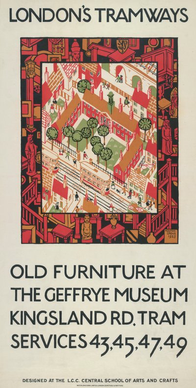 「ジェフリー博物館の古い家具」、ロンドン カウンティ カウンシル LCC トラムウェイのポスター、1924 年 作： Howard Spear