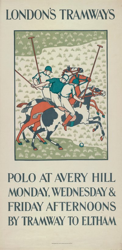 「エイブリー ヒルのポロ」、ロンドン カウンティ カウンシル LCC トラムウェイのポスター、1923 年 作： Howard Spear