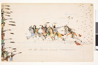 サンドクリーク大虐殺、1874-75（ペン、インク、台帳のインク） 作： Howling Wolf