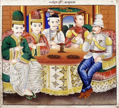要人とイギリスの将校（テキスタイルのトイレ）と一緒にティボー王 作： Hsaya Chone and Hsaya Saw