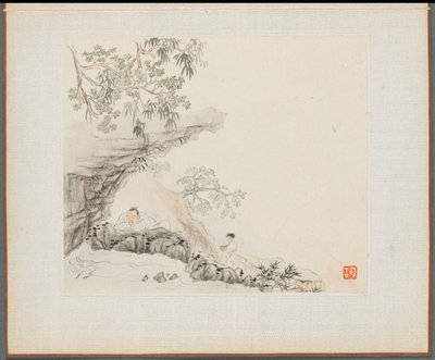 古詩を描いた風景画のアルバム：男は岩の張り出しの下に横たわっています。 男の子が右に立つ 作： Hua Yan