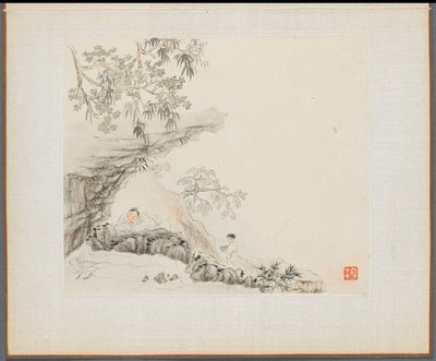 古い詩を描いた風景画のアルバム：1700年代、ロッキーオーバーハングの下に横たわる男。 作： Hua Yan