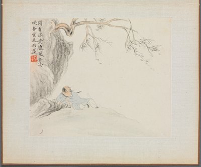 古い詩を描いた風景画のアルバム：男は横たわる...、1700年代。 作： Hua Yan