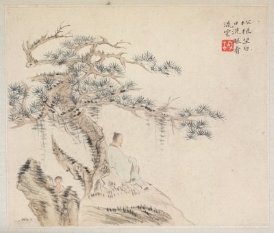 古い詩を示す風景画のアルバム：松の木の下に座っている老人...、1700年代。 作： Hua Yan