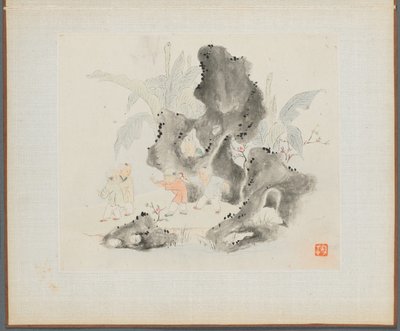 古い詩を描いた風景画のアルバム：ロッキーグローブで遊ぶ子供たち、1700年代。 作： Hua Yan