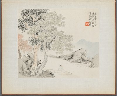 山水画帖 古歌絵帖 三大木 土手に座る翁の小川 作： Hua Yan
