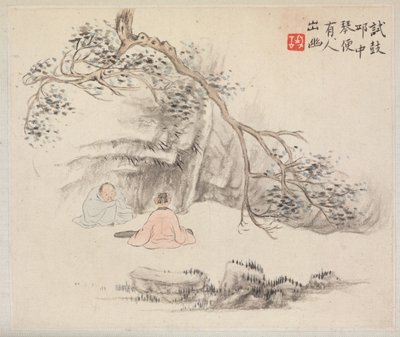 山水画帖 古詩図帖 外に二人の人物 一人は耳を傾け、もう一人は秦を奏でる 作： Hua Yan