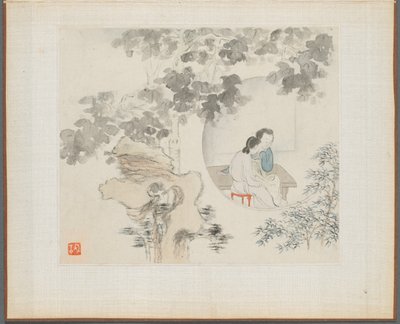 古い詩を示す風景画のアルバム：2人の女性がテーブルに座る...、1700年代。 作： Hua Yan