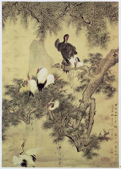 松の木の8つの赤い紋付きサギ、1754 作： Hua Yan