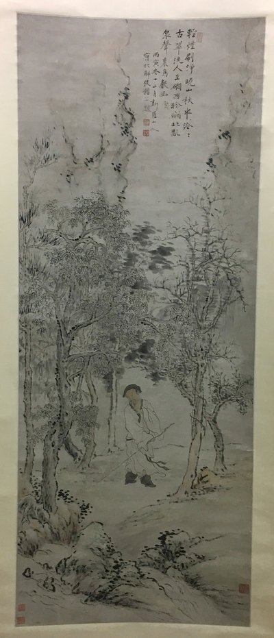 小川のほとりで杖をつく男 作： Hua Yan