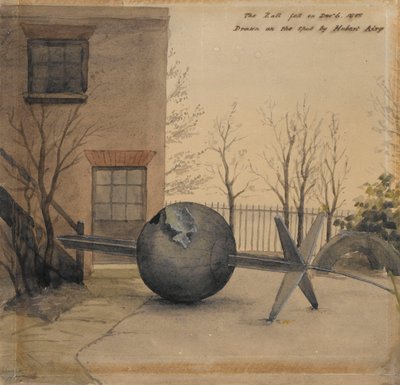 1855年12月、グリニッジ王立天文台の中庭にある落下した時球（水彩画） 作： Hubert Airy