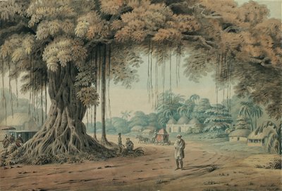ベンガルの村の入り口にあるガジュマルの木の下で休んでいるパラクインの持参人と聖人 作： Hubert Cornish