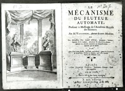 オートマトン、Jacques de Vaucansonによる「Le Mecanisme du fluteur automatic」の正面図のイラスト、Francois Vivares（1709-80）1738によって彫刻 作： Hubert Francois Gravelot
