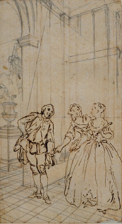 紳士とインテリアの 2 人の女性との文学的なイラスト 作： Hubert Francois Gravelot