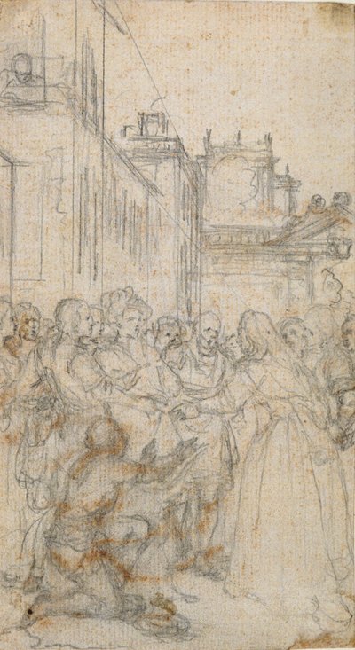 男に懇願する人物のグループによる文学的なイラスト 作： Hubert Francois Gravelot