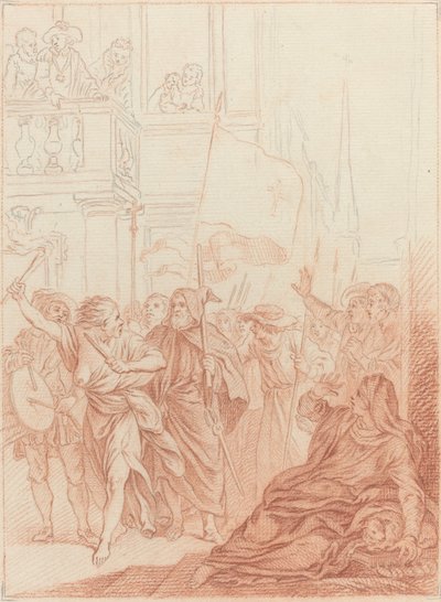 彼らのクレイジーな会社を遠くから見ているマイエンヌ... 作： Hubert Francois Gravelot