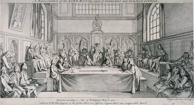 1750年、シティ・オブ・ロンドンのギルドホール会議室での会議。                                       作： Hubert Francois Gravelot