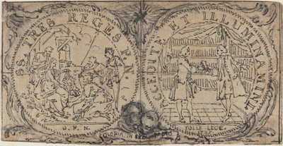 東方の賢者と 2 人の愛書家の崇拝が記された装飾用メダリオン 作： Hubert Francois Gravelot