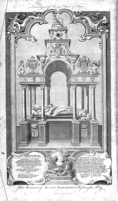 ジョンゴールダーによって1786年に刻まれたウェストミンスター寺院のエリザベス女王の記念碑、ラパンの「イングランドの歴史」のイラスト 作： Hubert Francois Gravelot