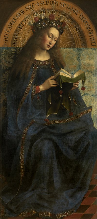 聖母マリア、1432年以降のヘントの祭壇画のコピー（開いた中央パネル）から（パネルに油彩） 作： Hubert & Jan van (1390 1441) (after) Eyck