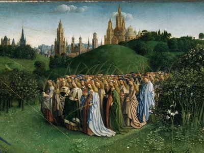 ゲントの祭壇画からの神秘的な子羊の崇拝、中央パネルの下半分の詳細 作： Hubert & Jan van (1390 1441) Eyck