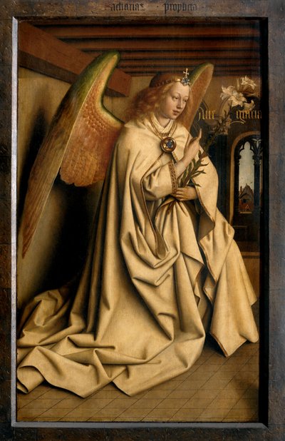 ヘントの祭壇画の左翼の外側から見た受胎告知の天使 作： Hubert & Jan van (1390 1441) Eyck
