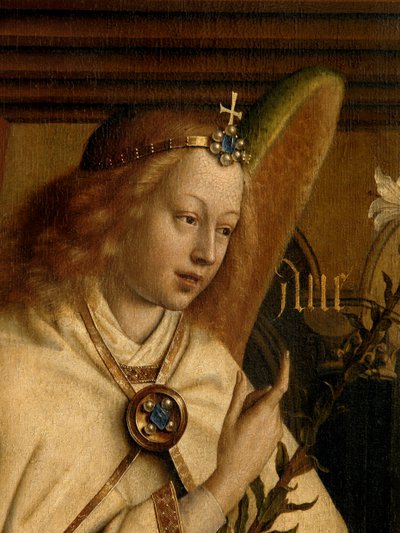 ヘントの祭壇画の左翼の外側からの受胎告知の詳細 作： Hubert & Jan van (1390 1441) Eyck