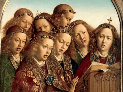 ゲントの祭壇画の左翼からの歌う天使の詳細 作： Hubert & Jan van (1390 1441) Eyck