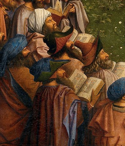 中央パネルの下半分、ゲントの祭壇画からの「神秘的な子羊の礼拝」の詳細 作： Hubert & Jan van (1390 1441) Eyck