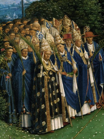 中央パネルの下半分、ゲントの祭壇画からの神秘的な子羊の崇拝の詳細 作： Hubert & Jan van (1390 1441) Eyck
